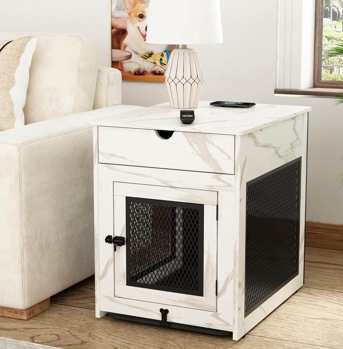Piskyet Dog Crate Furniture,Wooden Dog Crate End Table with Storage Drawer&Cushion&Tray, QC3.0 Wireless Charging,Dual USB,Small Dogs Marbl