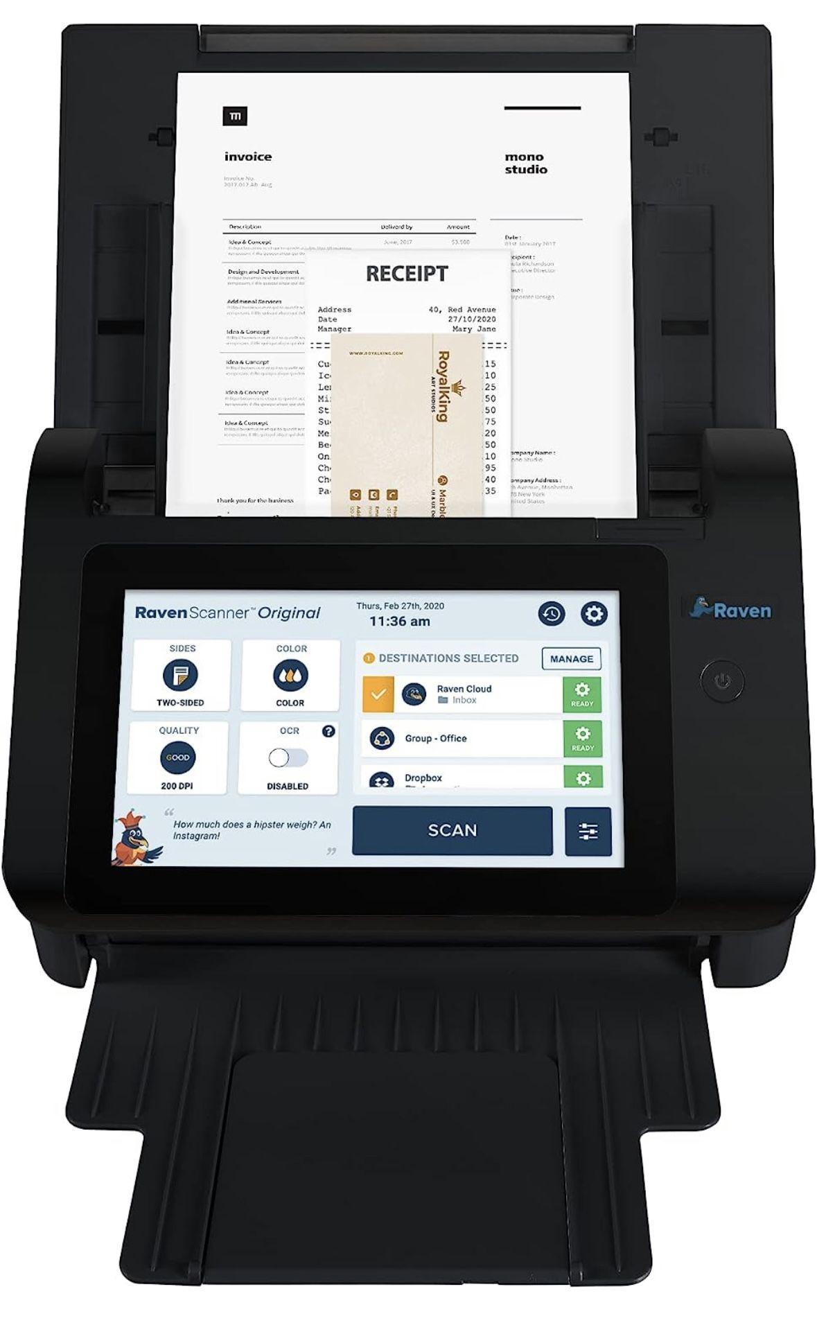 Raven Original Document Scanner - Huge Touchscreen, Color Duplex Feeder (ADF), Wireless Scanning to Cloud, WiFi, Ethernet, USB, Home or Office Desktop