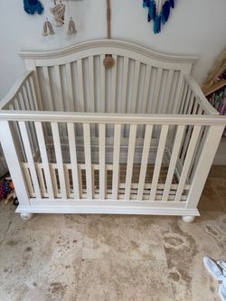 White Wooden Convertible Baby Crib with Toddler Bed Rail Conversion + Mattress