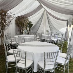 Tent——draping——chairs——tables——backdrop——balloongarland——-tablecloths——