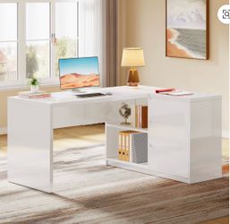 HL0180 White L-Shaped Computer Desk with 3 Drawers, 55-Inch Modern Gloss Corner Home Office Executive Desk with LED Lights