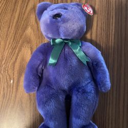 TY Beanie Baby 2000 Large Purple Employee Bear With Green Ribbon Rare
