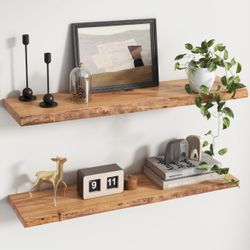 Rustic Live Edge Elm Wood Floating Shelves Wall Mounted Natural Finish 36"W x 9.3"D x 1.5"H Set of 2