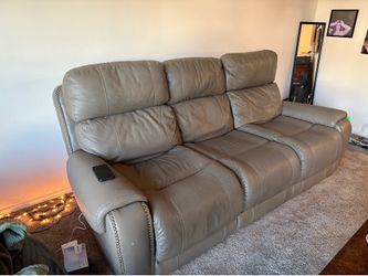 Grey Leather Power Reclining Sofa with USB Ports