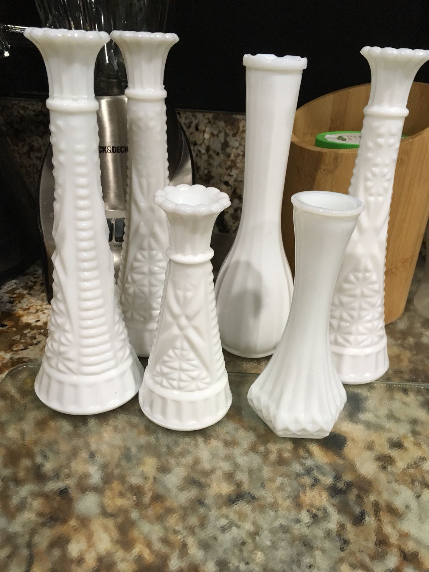 6 Assorted Vintage Milk Glass bud vases