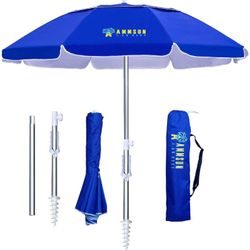 AMMSUN 6.5ft Twice Folded Portable Beach Umbrella With Sand Anchor