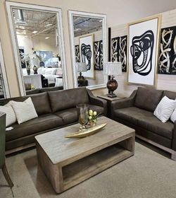 Modern Wooden Frame & Base Brown Sofa and Loveseat