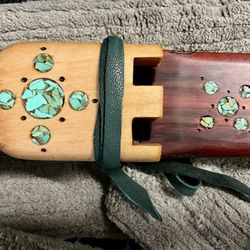 Native American Style Drone Flute-Key of B @ 432hz-Red Aromatic Cedar Wood/Maple Bird & Turquoise Inlay w/ Bag  