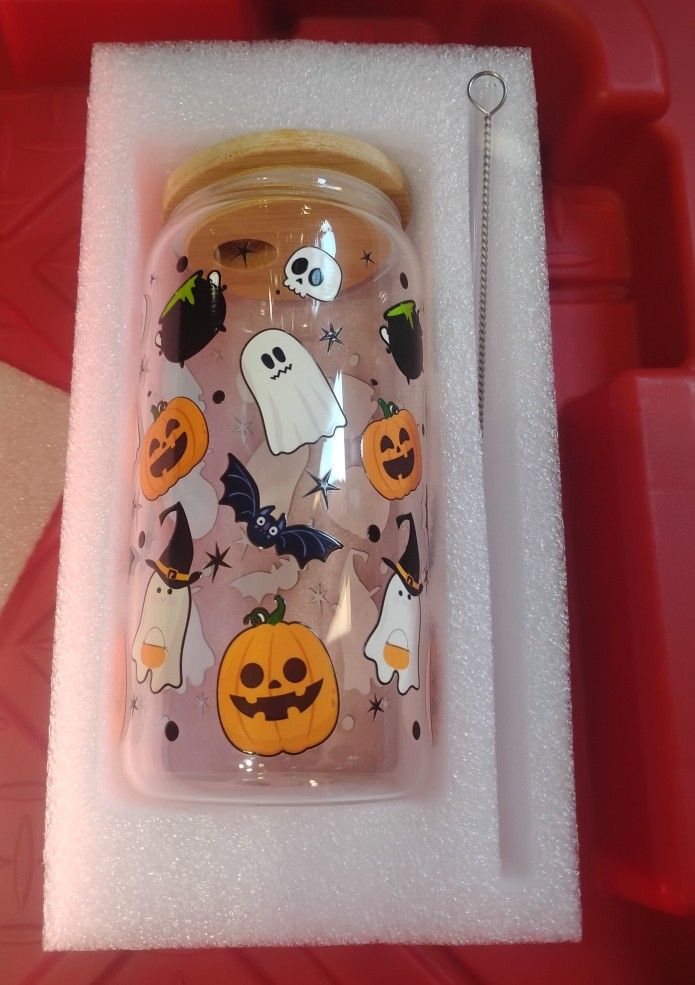 Halloween Glass Cup With Straw NEW 
