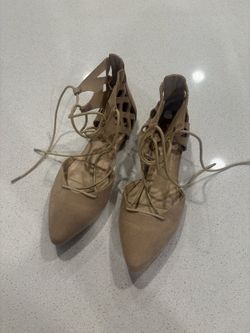 Tan pointed toe lace up flats