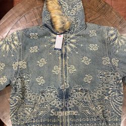 Size M Supreme Bandana Jacquard Denim Hooded Work Jacket Blue