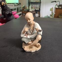 Vintage Mid 20th Century Old Asian Man Sitting With His Pipe - High Quality Porcelain Made In Japan 4.5"H