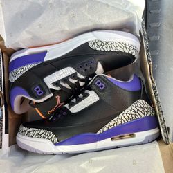 Air Jordan 3 – Black/Purple Brand new in box. Classic Jordan 3 design with elephant print accents, purple detailing, and visible Air cushioning.