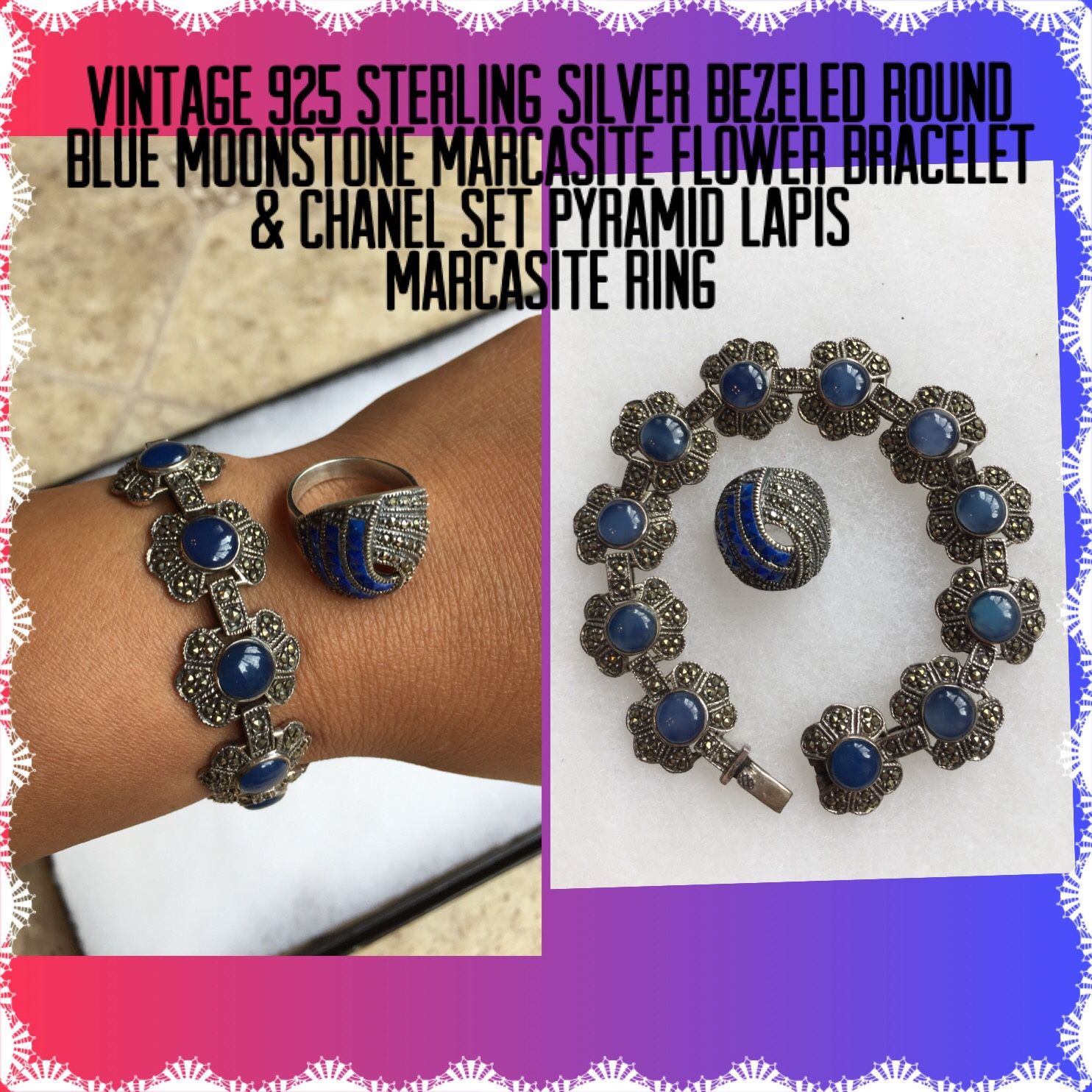 Vintage 925 STER Silver Blue Stone Bracelet & Lapis Ring