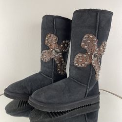 Y2K Black Sheepskin Leather Shearling Wool Lined Studded Cross Tall Winter Boots Thumbnail