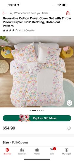 Reversible Cotton Duvet Cover Set with Throw Pillow Purple: Kids' Bedding, Botanical Pattern