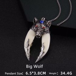 Wolf Necklace for Men, Wolf Tooth Pendant Necklace, Norse Viking Wolf Head Necklace with 27.6” Chain