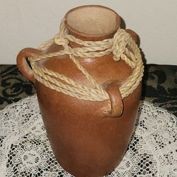 VINTAGE MEXICAN RED CLAY POTTERY WATER JUG CROCK TERRACOTTA VASE ROPE WRAP 3 HANDLE COLLECTABLE