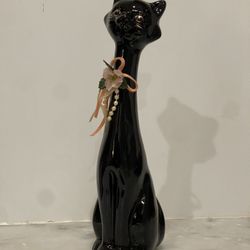 Mid Century Modern Long Neck Siamese Cat Ceramic Figurine Gold Detailing Face