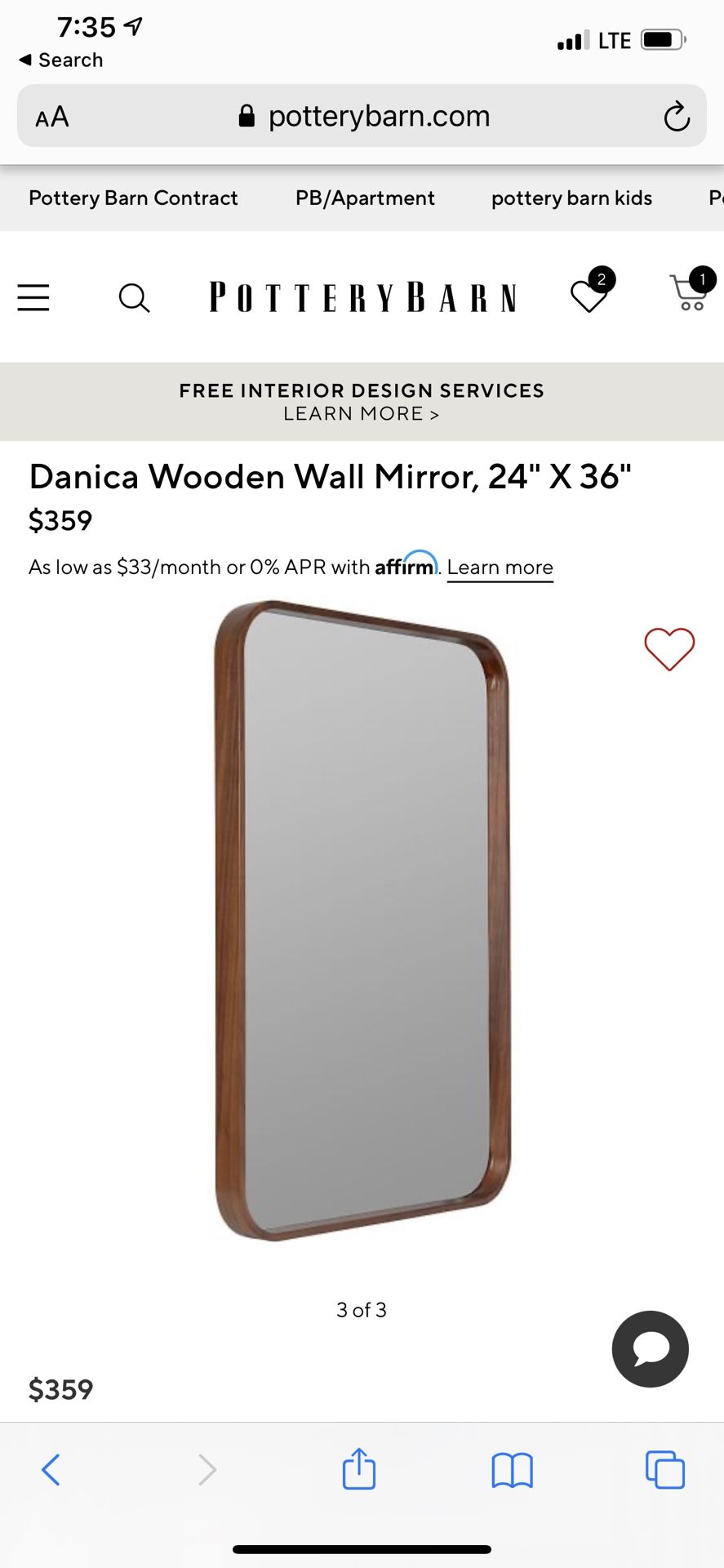 Pottery Barn Mirror 24x36