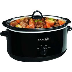 Classic Crock-Pot slow cooker. Black finish. Has glass lid and side handles. Dial settings for Off, Low, High, Warm. Great for easy meals.