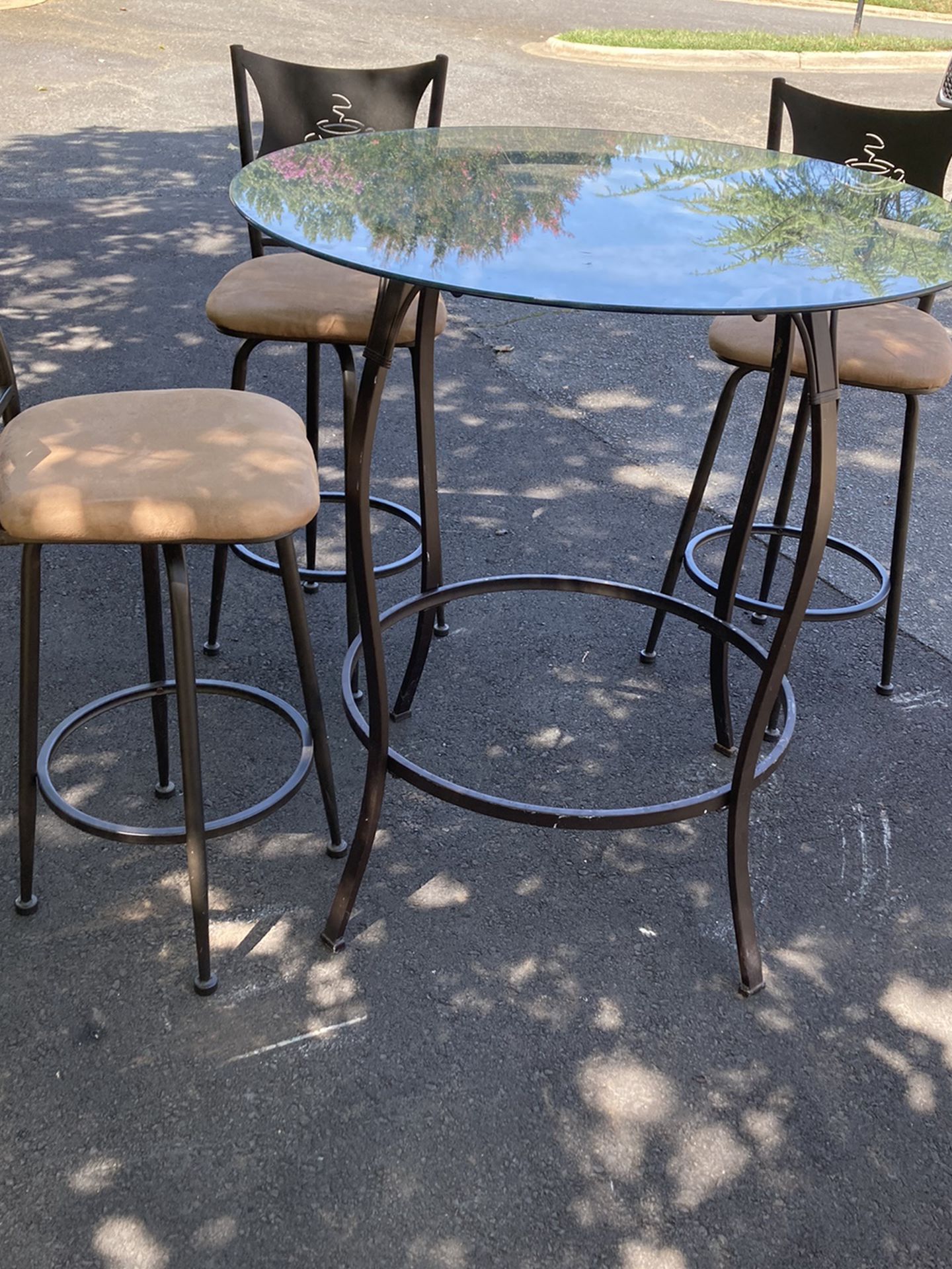 Tall Table w Glass Top And 3 Chairs