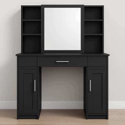 Modern Black Vanity Table with Mirror and Cabinets