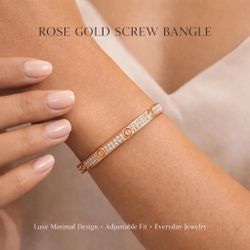 Rose Gold Screw Love Bangle Bracelet with CZ Diamonds | Minimalist Luxury Bracelet | Adjustable Cuff | Everyday Jewelry Gift for Her