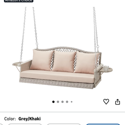 Upgraded Wicker Hanging Porch Swing Heavy Duty 900lbs 3-Seat Outdoor Patio Swing Chair Bench for Adult w/ 8.9ft Hanging Chains Cushions and Cup Holder