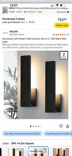 Aluminum LED Modern Wall Sconces Set of 2, 18W Black Wall Light WaterproofWall Lighting Indoor Outdoor Hardwired Wall Lights