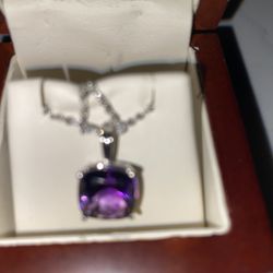 Purple Amethyst Necklace, 14kt White Gold Chain, 17 Inch. 10mm Square Cushion Cut Amethyst 