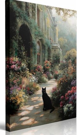 Vintage Black Cat Floral Garden Canvas Wall Art