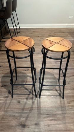 Set of 2 Rustic Industrial Wood & Metal Bar Stools 29” Tall