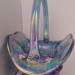Vintage Fenton Swirl Blue Hand Paint Basket