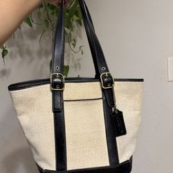 Vintage Coach Natural Straw Bucket Purse Bag Tote 8908 w/ Black Leather Handles