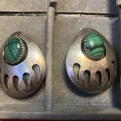 Vintage Hopi Native American sterling silver Malachite bear paw clip on earrings
