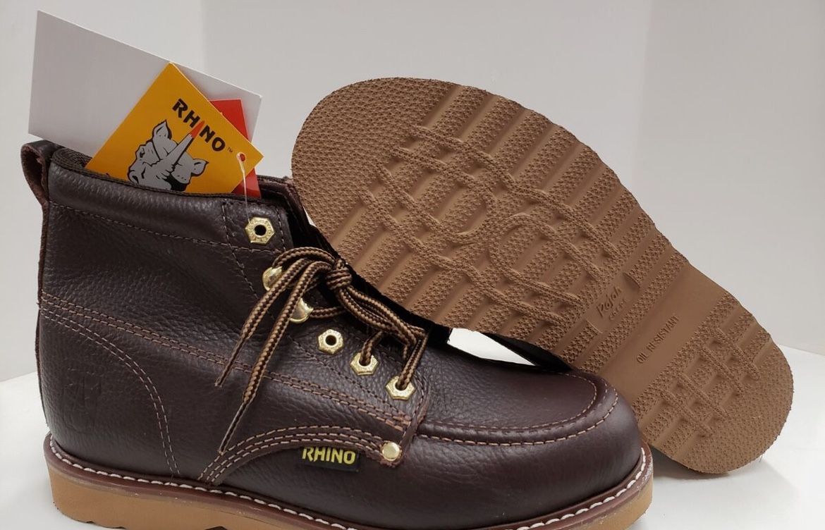 Brand New Pair of Men's Rhino 62M28 Brown Leather 6" Soft Toe Moc Toe Lace Up Work Boots