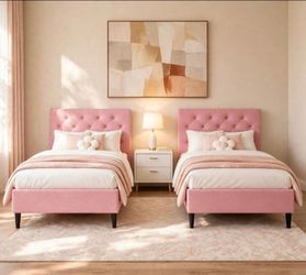 $140 for 2pc Twin Bed Frame for Kids, Upholstered Platform Bed, Pink
Pink Bed Frame with Tufted Headboard, No Box Spring Needed, Easy Assemble