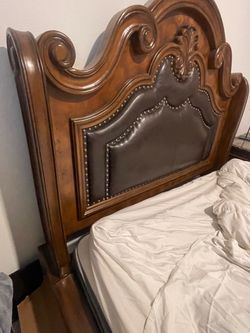 Queen Ornate Wood Headboard and frame with Leather Upholstery