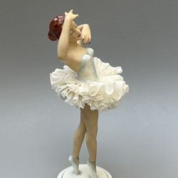 Vintage Early 20th Century German Volkstedt Dresden Lace Porcelain Ballerina Figurine