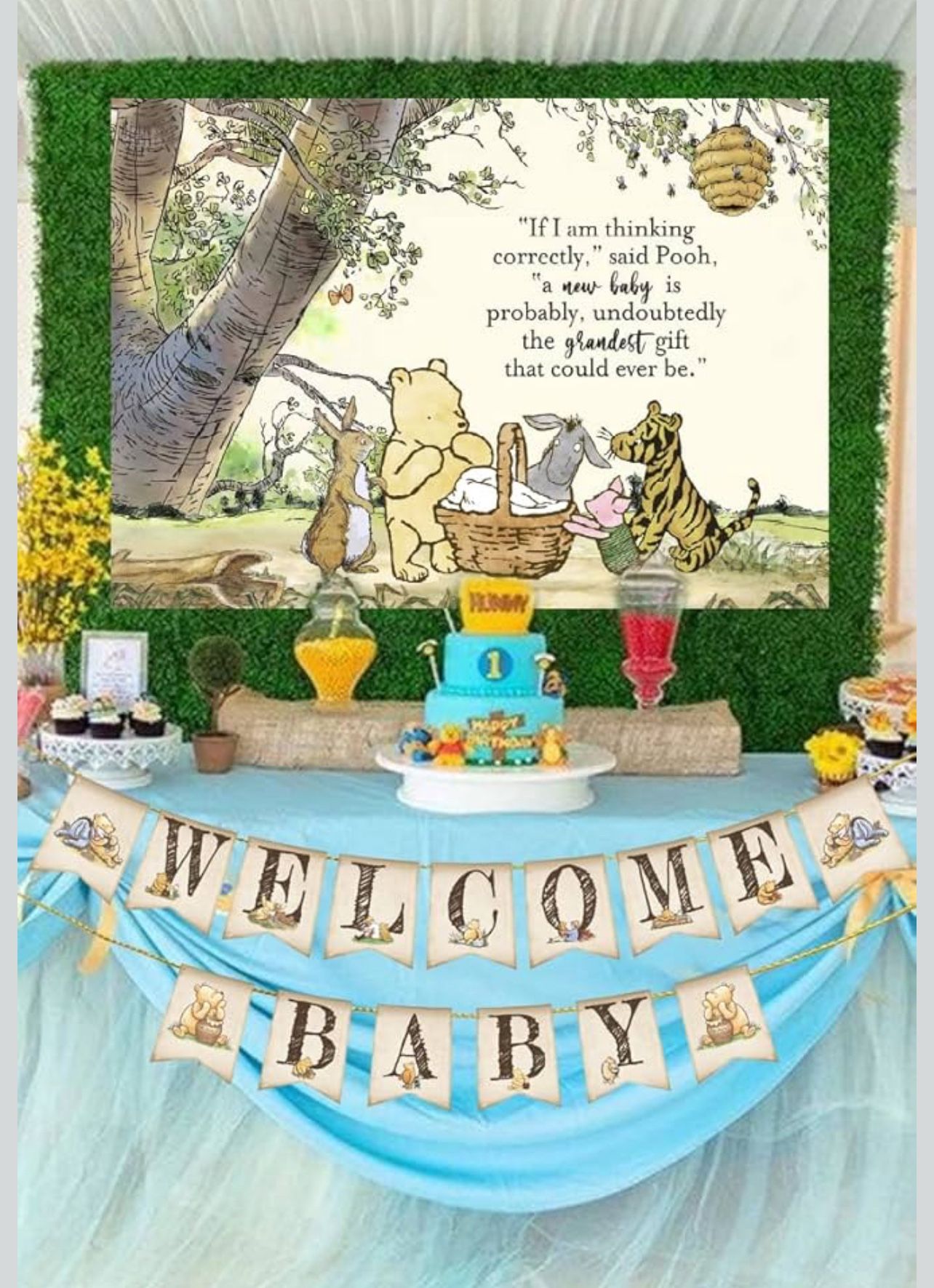 Winnie the Pooh Baby Shower Décor Bundle - Backdrop, Centerpieces, Banner, Drink Signs, Cupcake top