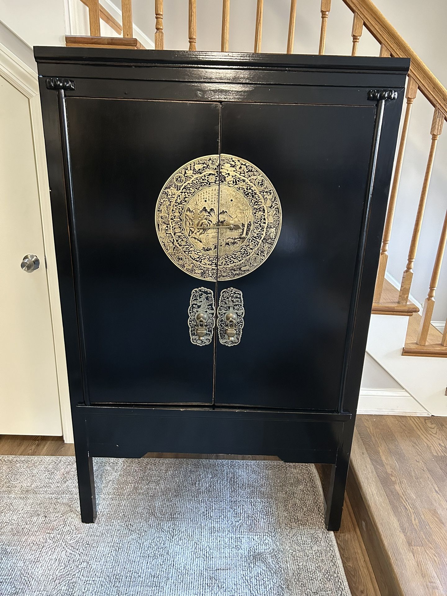 Antique Chinese Black Lacquer Wedding Cabinet With Brass Medallion