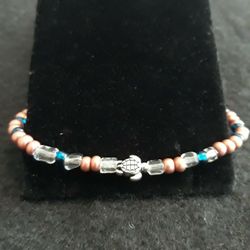 Blue & Bronze Color Beaded Turtle Stretch Bracelet 