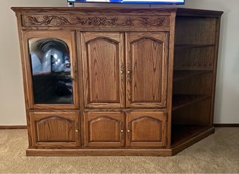 Oak Wood Entertainment Center with Shelving