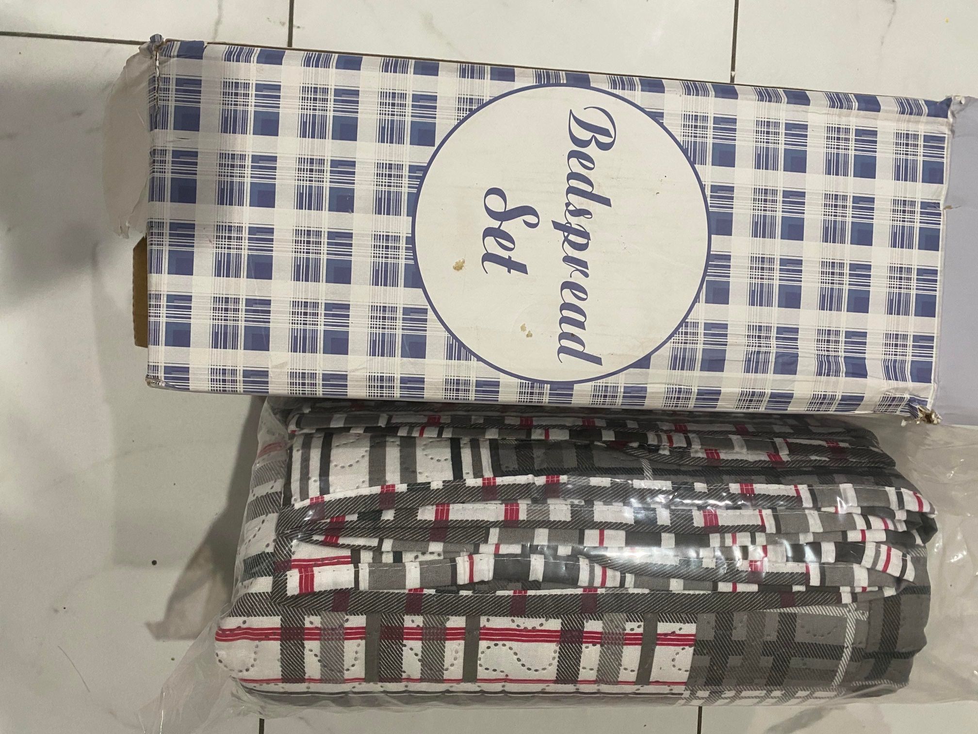 Checkered Bedspreads Queen Size 3 Piece Set Grey Red