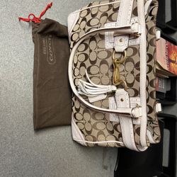 COACH Hamptons Signature Canvas Leather Metal Fittings Tote Handbag Brown/white