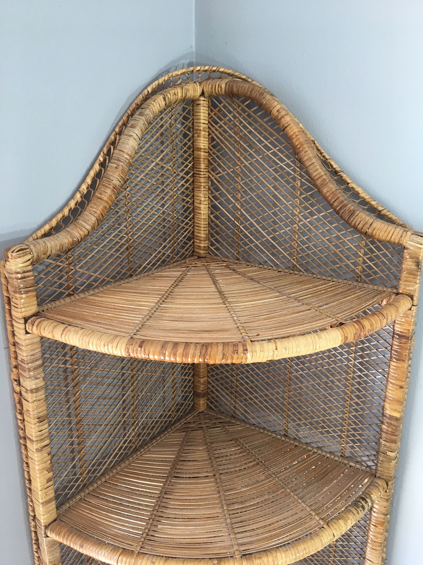 Tall corner wicker Rattan shelving unit like peacock style for Sale in