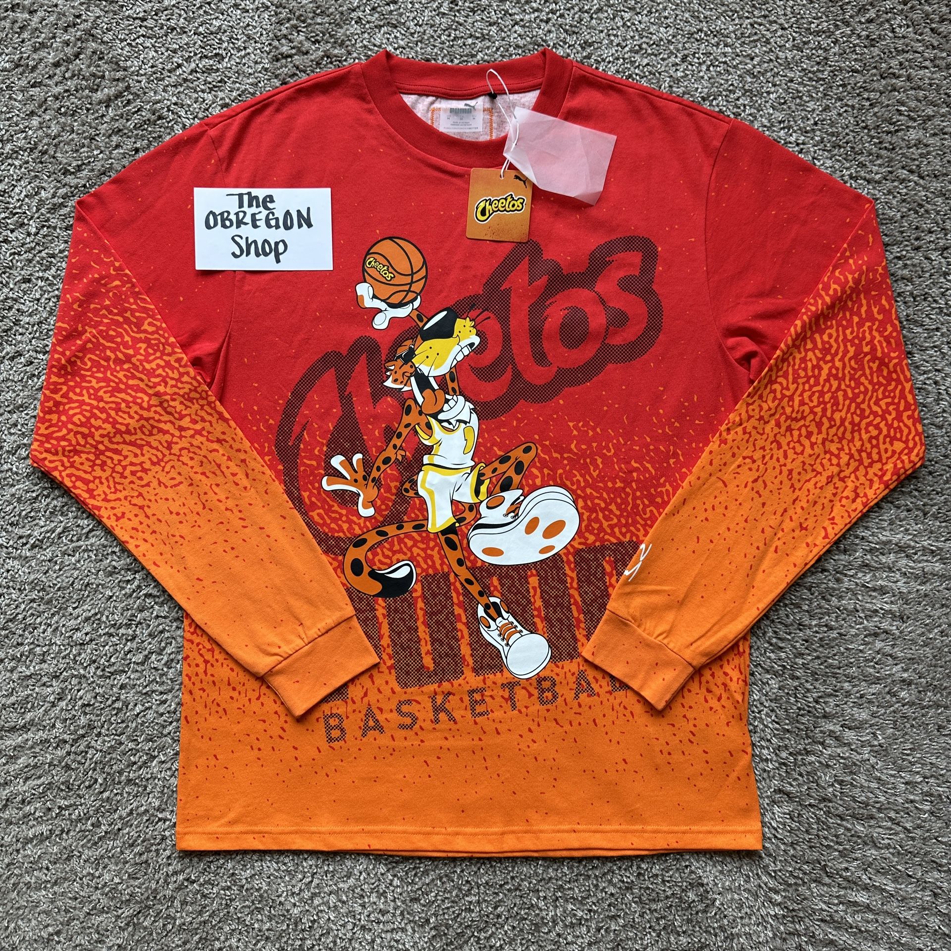 PUMA HOOPS X CHEETOS LONG SLEEVE BASKETBALL TEE SHIRT MENS SIZE MEDIUM RED ORANGE BLACK WHITE YELLOW NEW