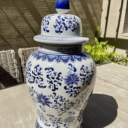 Large Blue and White Porcelain Chinoiserie Ginger Jar Vase with Lid, 26” H