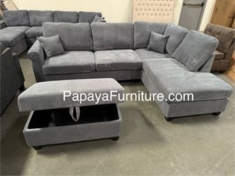 FREE STORAGE OTTOMAN New Dark Gray Fabric Sectional Couch and Chaise Lounge Set Ashley Jerome IKEA Style Discount Furniture Clearance BIG SOFA SALE